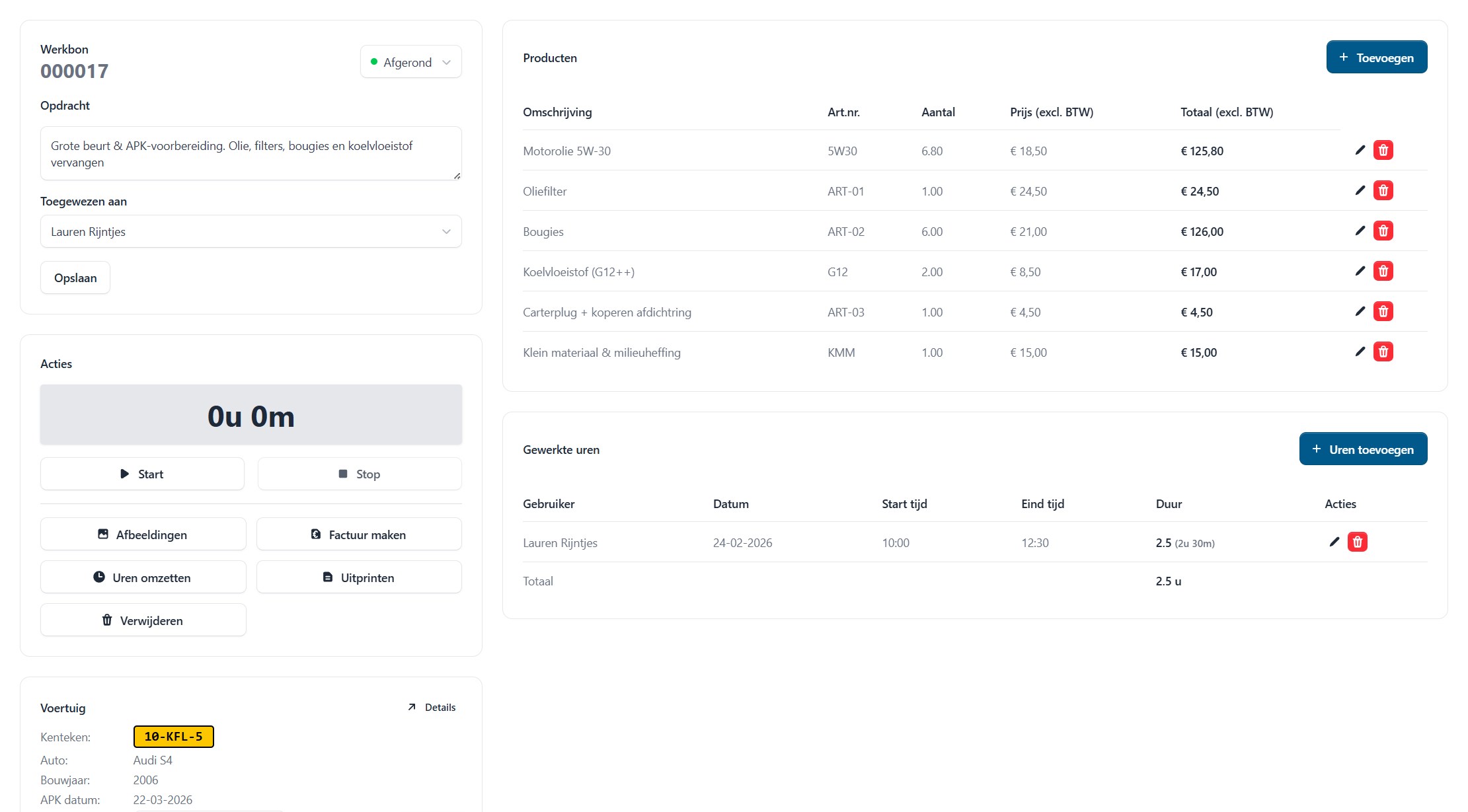 Werkbonnen en planning dashboard